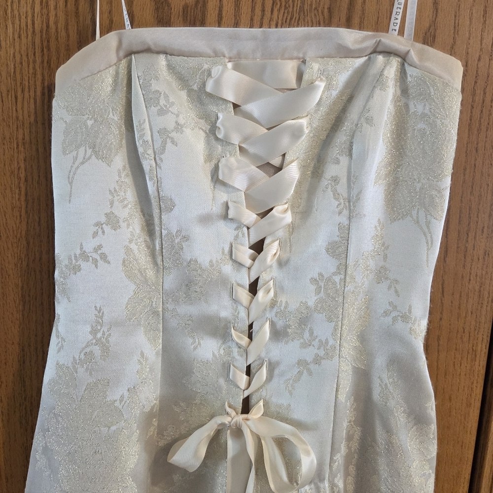 Vtg Ivory Brocade Masquerade  9/10 Wedding Formal Dress Strapless Corset Front - Picture 3 of 12